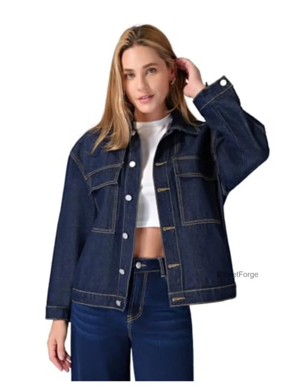 Oversized Denim Jacket with Flap Chest Pockets Casual Jean Coat